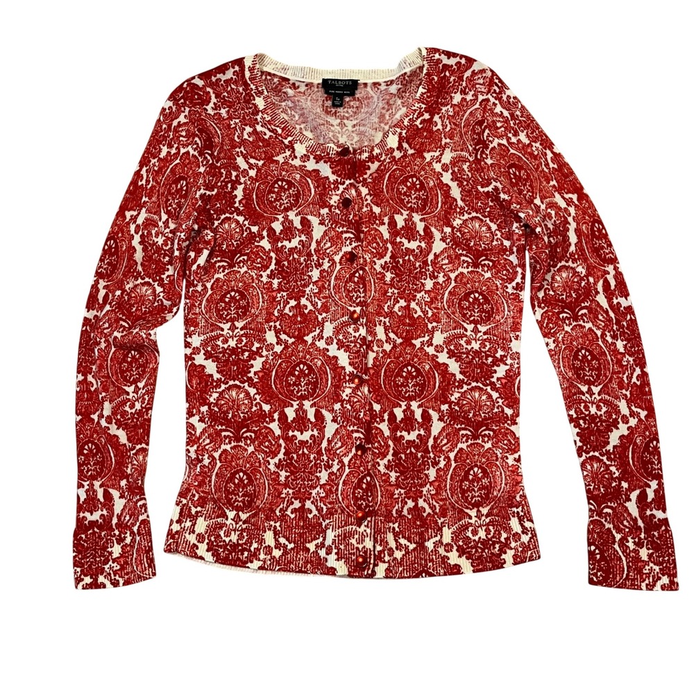 Talbots Red‎ Damask Merino Wool Button Cardigan Sweater SP Paisley Victorian